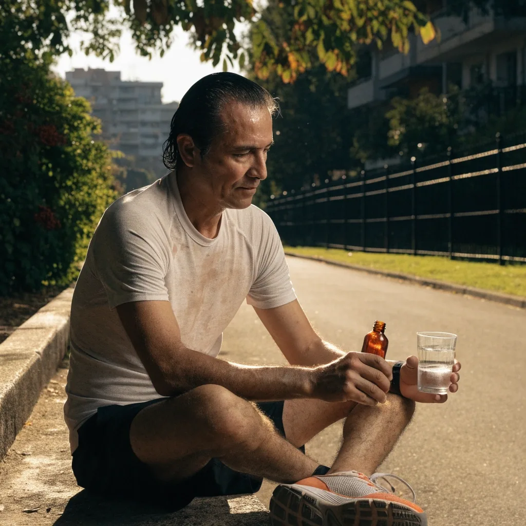 Corredor deteniéndose al amanecer en un sendero urbano, con una botella de agua sin marca en la mano