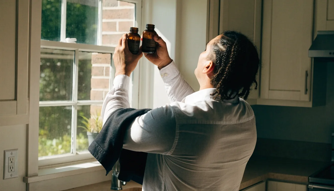 Hombre de espaldas junto a la ventana de una cocina, sosteniendo dos frascos sin etiqueta para compararlos con la luz de la mañana
