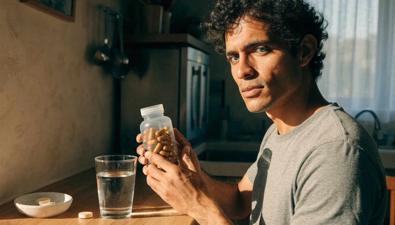Rincón tranquilo de una cocina por la mañana con un frasco de cápsulas sin etiqueta y un vaso de agua sobre la barra