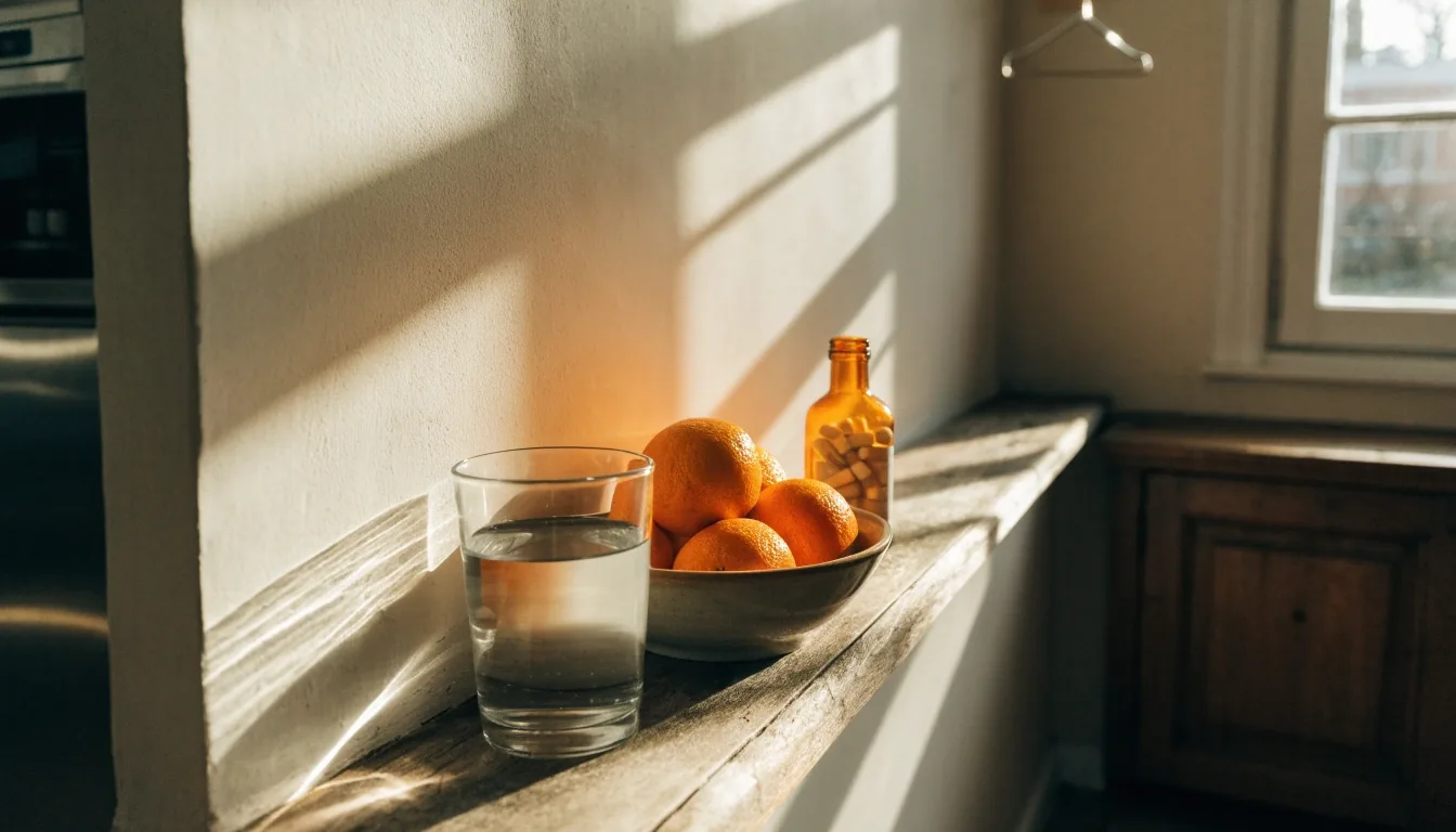 Frasco de vitaminas y un vaso de agua sobre el alféizar de una ventana con luz de mañana