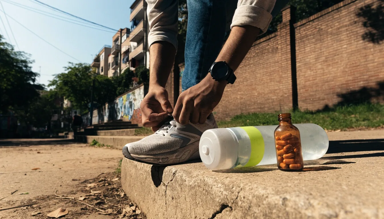 Tenis de correr y una botella reutilizable sobre una banca de madera junto a un sendero del parque