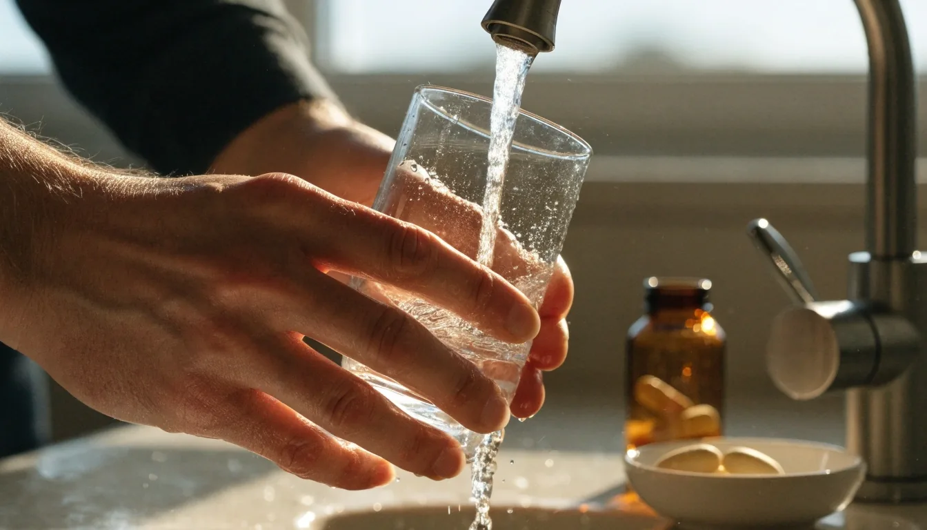 Vaso de agua llenándose en la llave de una cocina con luz de la mañana