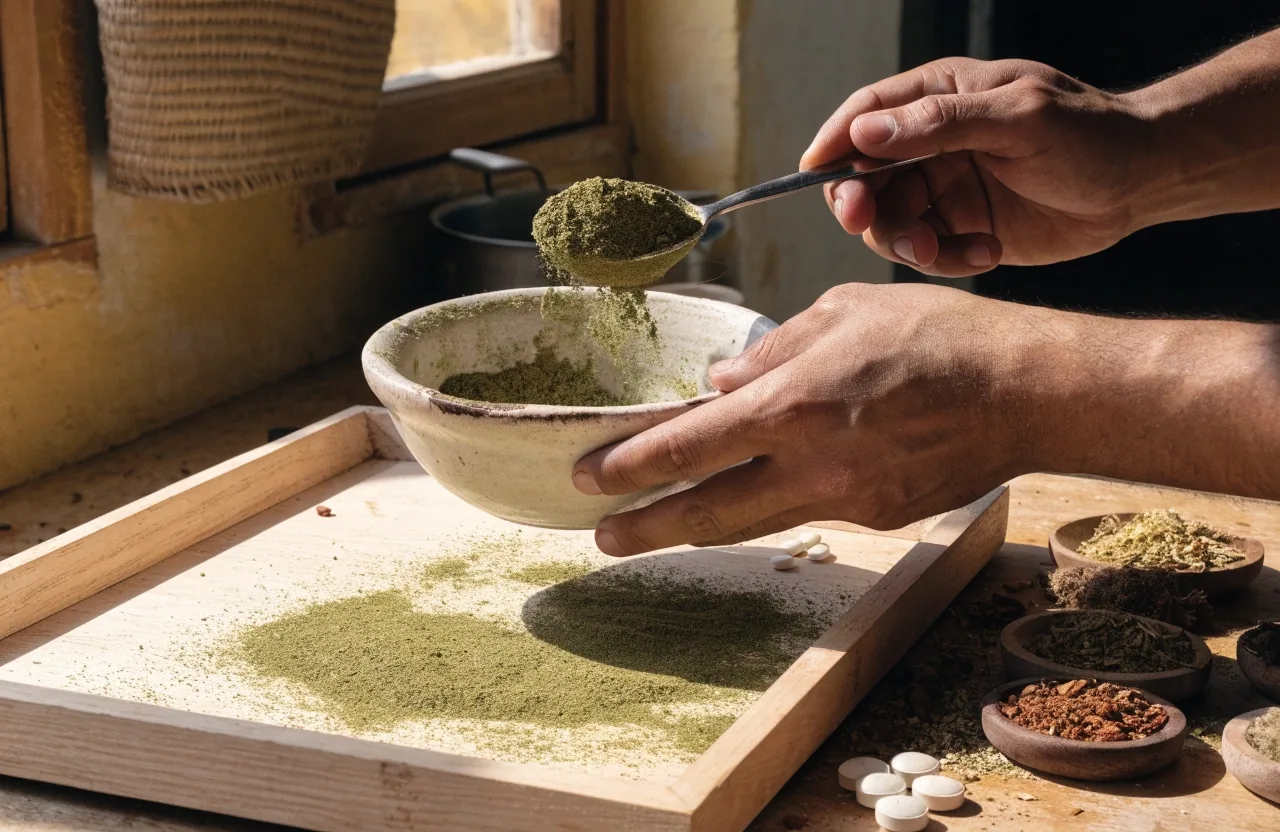 Bandeja de madera con cuencos de extractos vegetales secos, polvo herbal verde y tabletas blancas