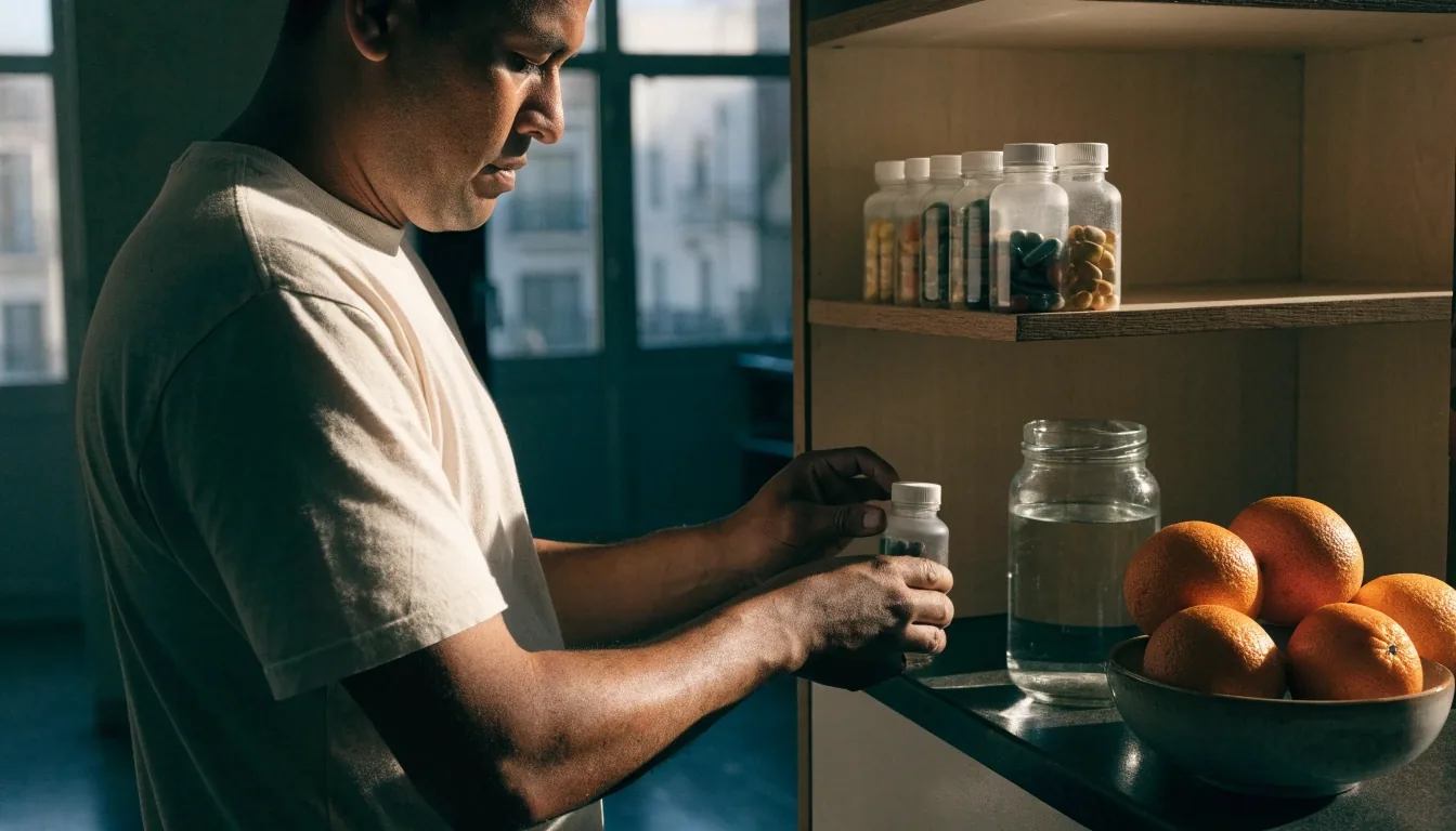 Estantería de cocina con frascos de suplementos sin marca, una jarra de vidrio y un cuenco de naranjas
