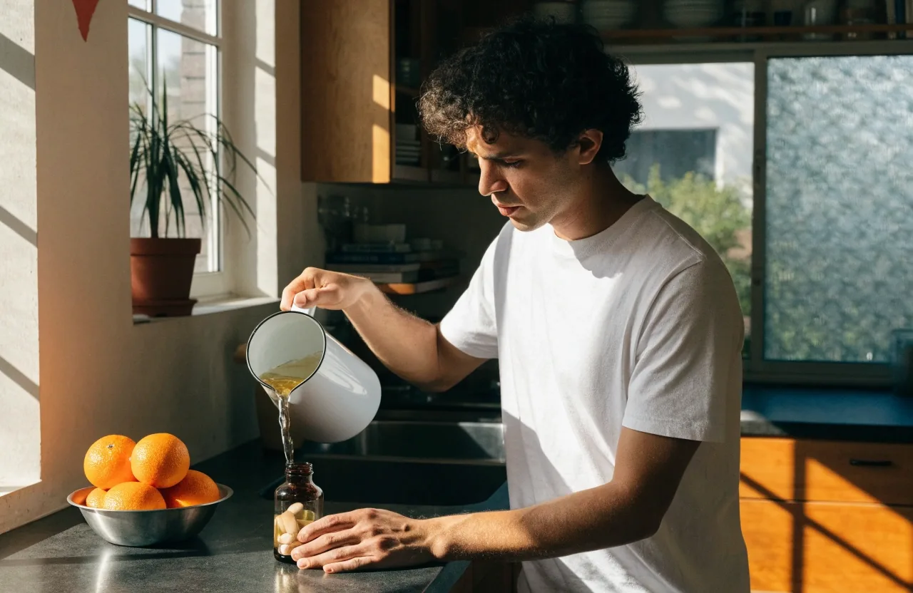 Hombre preparando su rutina matutina con un vaso de agua y un frasco de suplemento en la cocina