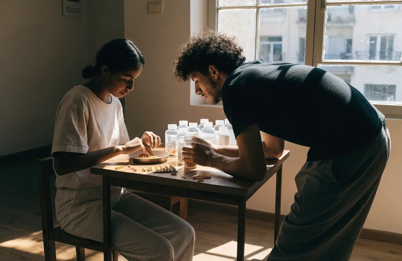 Botellas de vitaminas y minerales para hombres ordenadas sobre una mesa de trabajo junto a la ventana