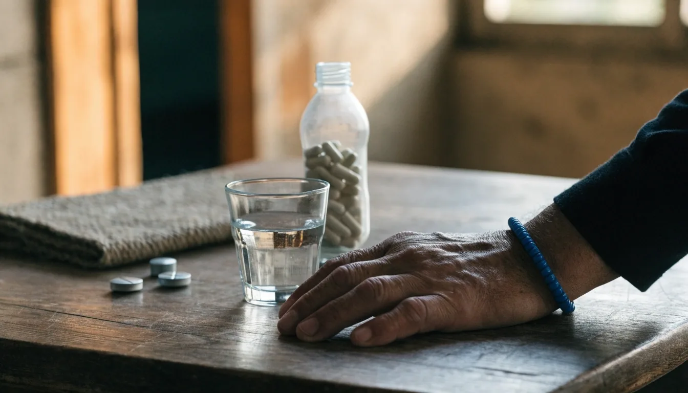 Cocina tranquila al atardecer con un vaso de agua y un envase pequeño sobre la barra
