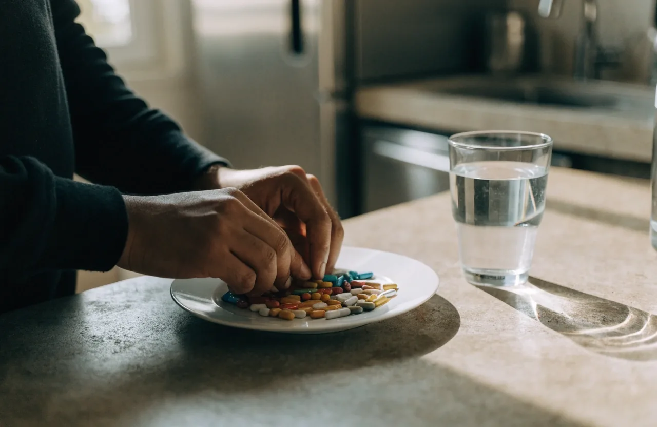 Hombre adulto junto a una superficie de cocina iluminada por la mañana, con un vaso de agua y cápsulas en un platillo de cerámica